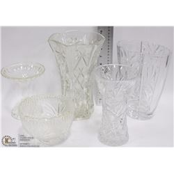 BOX W/ 1 PINWHEEL CRYSTAL VASE & 2 CUT GLASS VASES