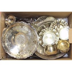 BOX W/ 20 PCS OF SILVERWARE PLATES, SAUCERS & MORE