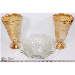 BOX W/ 2 IRIS HERRINGBONE VASES & 2 IRIS