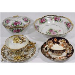 FLAT WITH 2 CHINA TEACUPS & 2 CHINA SERVING DISHES