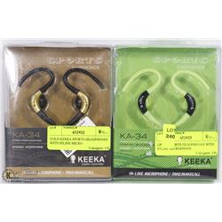 TWO PAIRS OF GREEN AND GOLD KEEKA SPORT HEADPHONES
