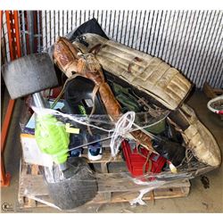PALLET OF ESTATE INCL. GO CART,VINTAGE GOALIE PADS