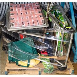 PALLET WITH FISHING RODS, PATIO LOUNGE CHAIRS,