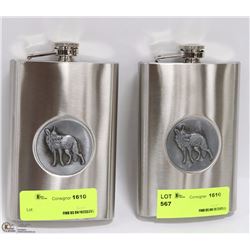 PAIR OF METAL WOLF FLASKS