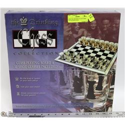 NEW THE DRINKING GLASS CHESS SET IN PURPLE BOX