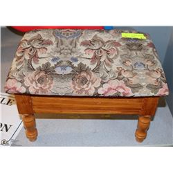 VINTAGE WOOD AND CLOTH STOOL WITH TOP STORAGE