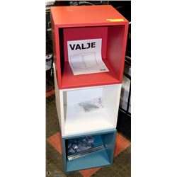 3 NEW COLORED WOOD STORAGE CUBES . HAVE ALL