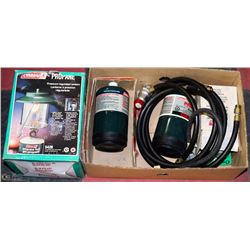 LOT OF PROPANE  CYLINDERS, LANTERN, ADAPTER HOSE