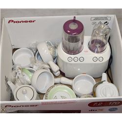 BOX OF KITCHEN ITEMS INCL. CHINA TEACUPS