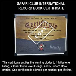 Safari Club International Record Book Certificate