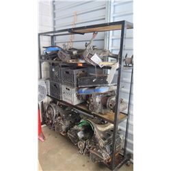 Qty 2 Rolling Shelves and Cart w/ Contents: Engines, Parts, Rims, Etc.