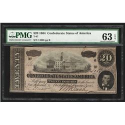 1864 $20 The Confederate States of America Note T-67 PMG Choice Uncirculated 63E