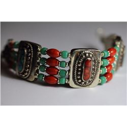 Tibet Hand Made Turquoise & Coral Bracelet