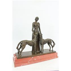 Friends Forever Lady with Dogs Bronze Figurine on Marble Base Statue