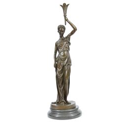 Victorian Lady Holding Torche Elegant Bronze Statue on Marble Base Sculpture