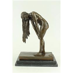 Art Deco Bronze Nude Girl on Marble Plinth Statue