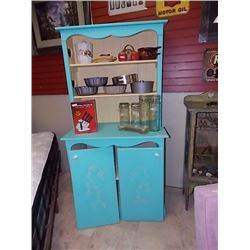 WOOD PANTRY CABINET - PAINTED BLUE - 2 DOORS NEED REATTACHING