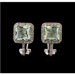 4.40 ctw Green Amethyst and Diamond Earrings - 14KT White Gold