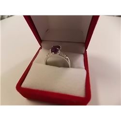 RING - 2CT OVAL FACETED AMETHYST & 2 DIAMONDS IN STERLING SILVER SETTTING - RETAIL ESTIMATE $400