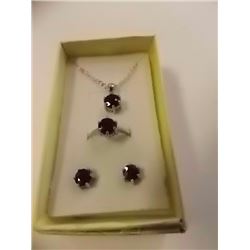 NECKLACE, EARRINGS & RING SET - 5.02CTW ROUND FACETED SAPPHIRE IN STERLING SILVER SETTINGS- INCLUDES