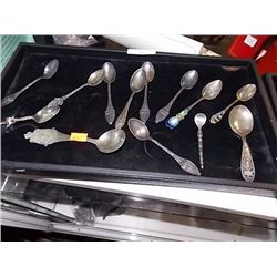 TRAY OF COLLECTOR SPOONS - SOME STERLING