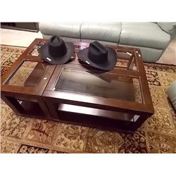 MAHOGANY COFFEE TABLE ON CASTERS - 2 PC USE SEPERATE AS END TABLES - OR TOGETHER AS COFFEE TABLE - W