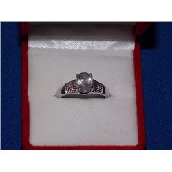 RING - OVAL FACETED GREEN AMETHYST & 2 DIAMONDS IN STERLING SILVER SETTING - RETAIL ESTIMATE $300