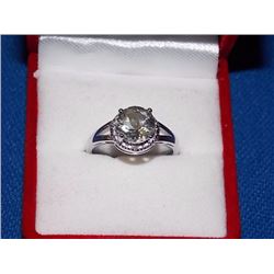 RING - 2.5CT ROUND FACETED GREEN AMETHYST & 2 DIAMONDS IN STERLING SILVER SETTING - RETAIL ESTIMATE 