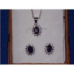 NECKLACE & EARRING SET - NEW - 1.85 TCW SAPPHIRE & DIAMONDS IN STERLING SILVER SETTING - INCLUDES CE