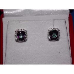 EARRINGS- NEW 2 CTW PRINCESS FACETED MYSTIC TOPAZ & DIAMOND IN STERLING SILVER SETTINGS - INCLUDES C