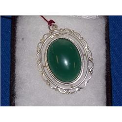 PENDANT - FROM ESTATE - CHRYSOPRASE IN STERLING SILVER SETTING - BIRMINGHAM HALL MARKS "T.H.F. "