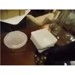 MILK GLASS DISHES WITH  LIDS & 1 OTHER LIDDED DISH