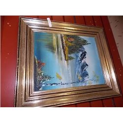 FRAMED OIL PICTURE - LAKE & MOUNTAINS