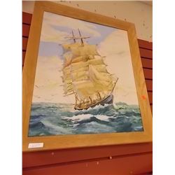 WOOD FRAMED PICTURE - TALL SHIP IN STORM - OIL ON CANVASS