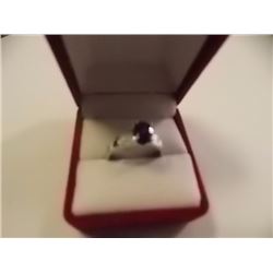 RING - OVAL FACETED 1.5CT AMETHYST & 2 DIAMOND RING IN STERLING SILVER SETTING - RETAIL ESTIMATE $35