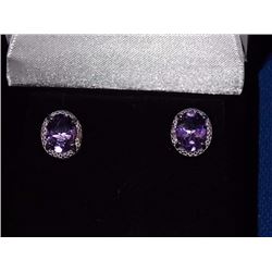 EARRINGS - NEW 3.5 CTW AMETHYST & ROUND FACETED DIAMONDS IN STERLING SILVER SETTING - INCLUDES CERTI
