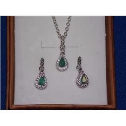 EARRINGS & NECKLACE - NEW PEAR FACETED EMERALD & DIAMONDS IN STERLING SILVER SETTING - INCLUDES CERT