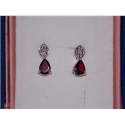 EARRINGS - PEAR FACETED GARNET & DIAMOND IN STERLING SILVER SETTING - RETAIL ESTIMATE $300