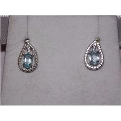 EARRINGS - NEW OVAL FACETED BLUE TOPAZ & ROUND FACETED YELLOW CHAMPAGNE DIAMONDS IN STERLING SILVER 