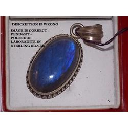 PENDANT - POLISHED LABORADITE IN STERLING SILVER SETTING - 2" LONG