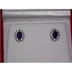 EARRINGS - BLUE SAPPHIRE & DIAMOND IN STERLING SILVER SETTING - WITH CERTIFICATE $400