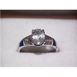 RING - OVAL FACETED GREEN AMETHYST & 2 DIAMONDS IN STERLING SILVER SETTING - RETAIL ESTIMATE $300