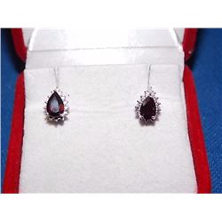 EARRINGS - PEAR FACETED GARNET & DIAMOND IN STERLING SILVER SETTING - RETAIL ESTIMATE $350