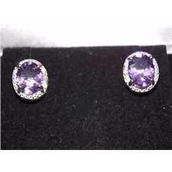 EARRINGS - NEW 3.5 CTW AMETHYST & ROUND FACETED DIAMONDS IN STERLING SILVER SETTING - INCLUDES CERTI