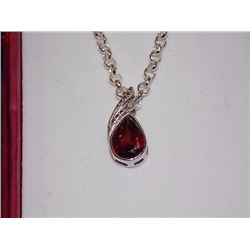 NECKLACE - 1.15CT PEAR FACETED GARNET & DIAMOND IN STERLING SILVER SETTING - BEZEL/PRESSURE SET - IN