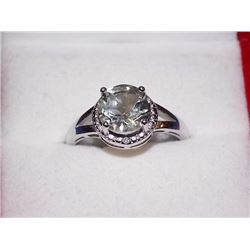 RING - 2.5CT ROUND FACETED GREEN AMETHYST & 2 DIAMONDS IN STERLING SILVER SETTING - RETAIL ESTIMATE 
