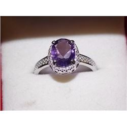 RING - 1.75CT OVAL FACETED AMETHYST & 2 DIAMONDS IN STERLING SILVER SETTING - INCLUDES CERTIFICATE $