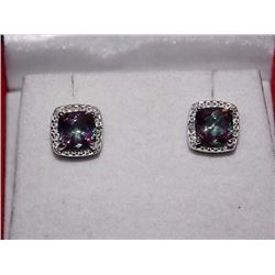EARRINGS- NEW 2 CTW PRINCESS FACETED MYSTIC TOPAZ & DIAMOND IN STERLING SILVER SETTINGS - INCLUDES C