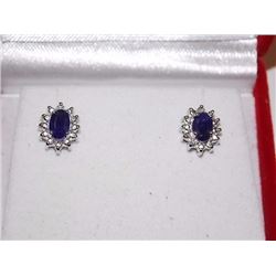 EARRINGS - BLUE SAPPHIRE & DIAMOND IN STERLING SILVER SETTING - WITH CERTIFICATE $400