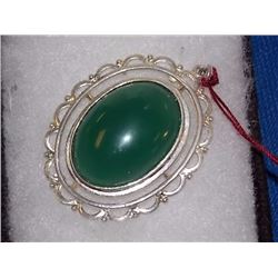 PENDANT - FROM ESTATE - CHRYSOPRASE IN STERLING SILVER SETTING - BIRMINGHAM HALL MARKS "T.H.F. "